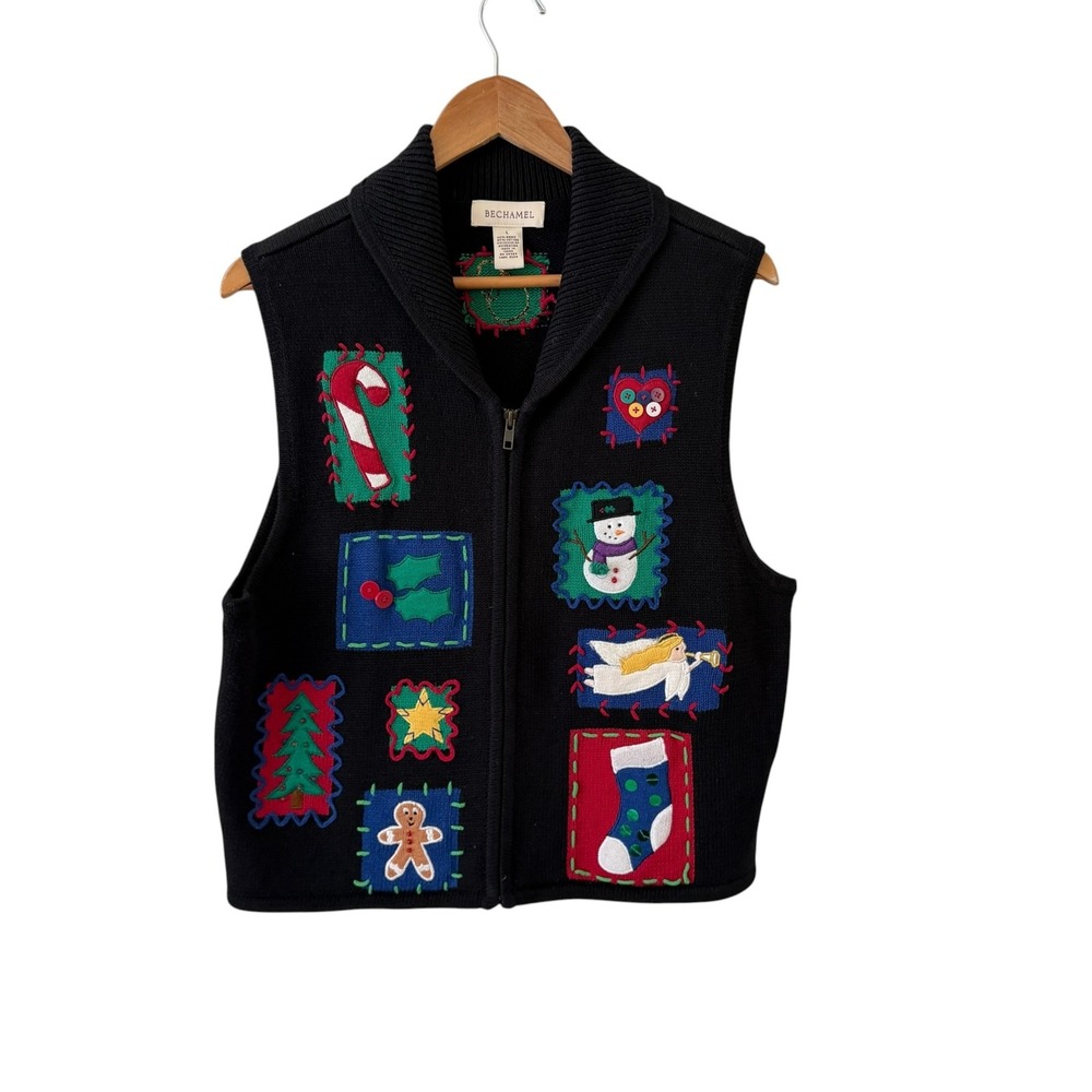 Bechamel Christmas Patchwork Zip Sweater Vest L Black Ugly Holiday Cottage